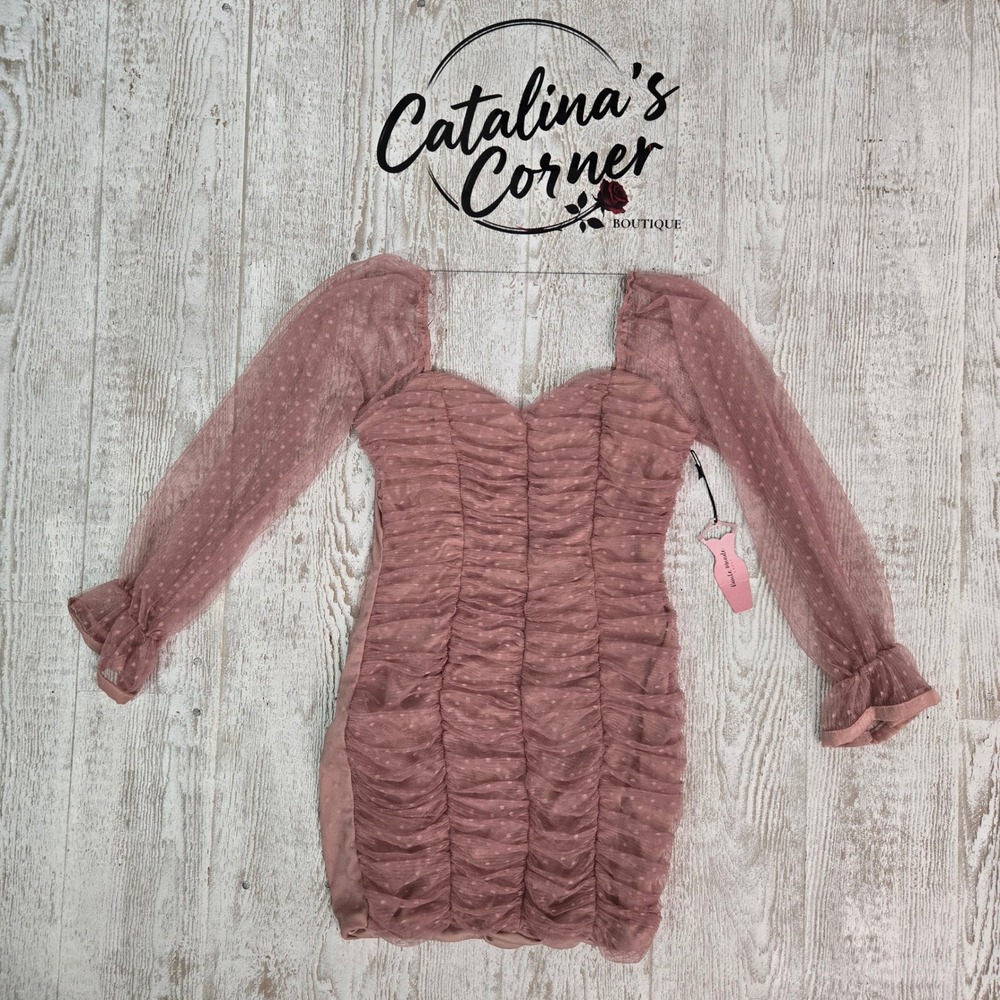 Haute Monde Mauve Swiss Dot Ruched Mini Dress XL Pink Romantic Coquette Garden